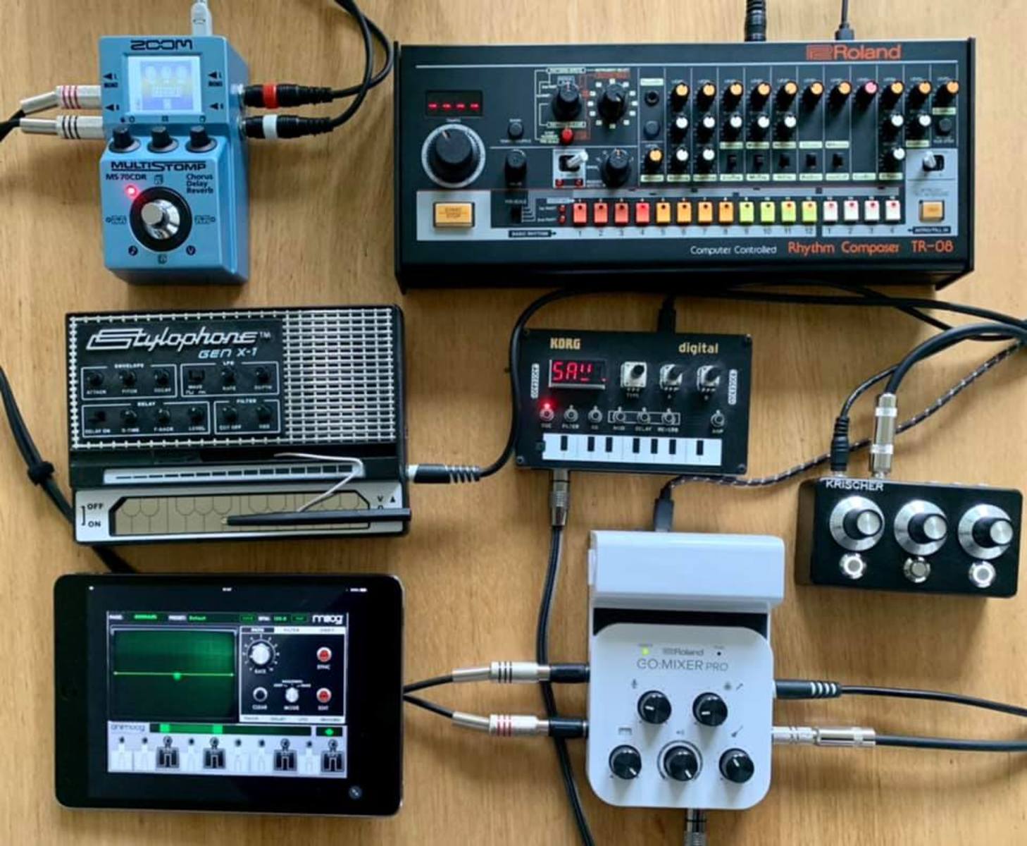 Electronic Synth Setup by 3ipol featuring Zoom MS-70CDR MultiStomp, Roland Boutique TR-08 Rhythm Composer, and Dubreq Stylophone GEN X-1 and 2 more pieces of gear