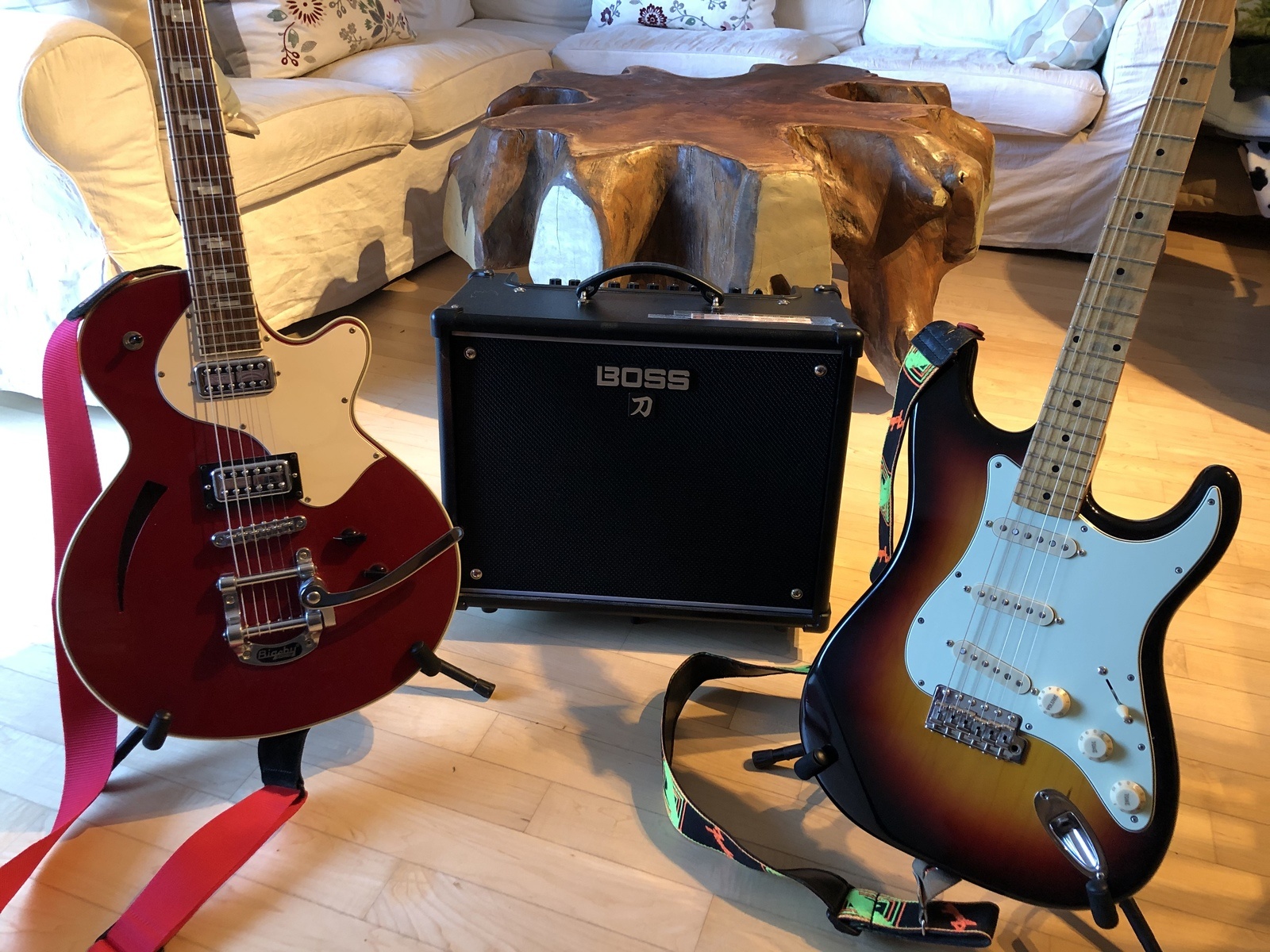Blues Studio Setup by vtwinxpert featuring Boss Katana-50, Cort Sunset 1, and Partscaster