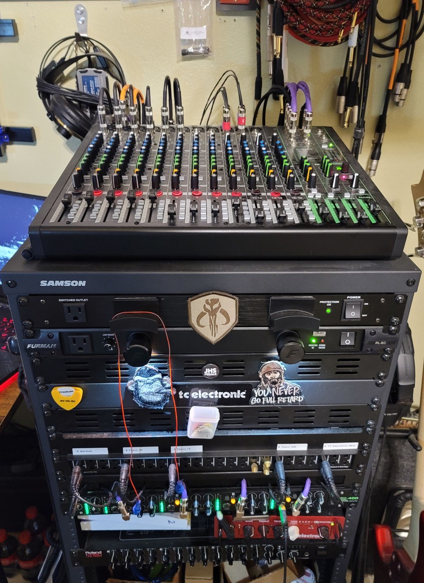 Metal DJ Setup by bigbeardsmusic featuring Mackie PROFX16, Furman PL-8C Power Conditioner, and dbx PB-48 48-Point 1/4" Patchbay and 1 more piece of gear