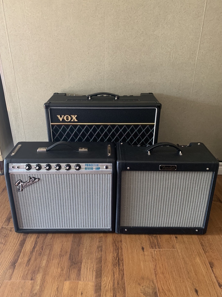 Country Amp Rig by warpedvinyl featuring Vox AC15, Fender '68 Custom Princeton Reverb 12W 1x10 Tube Guitar Combo Amp, and Fender Blues Junior III 15W 1x12 Tube Guitar Combo Amp