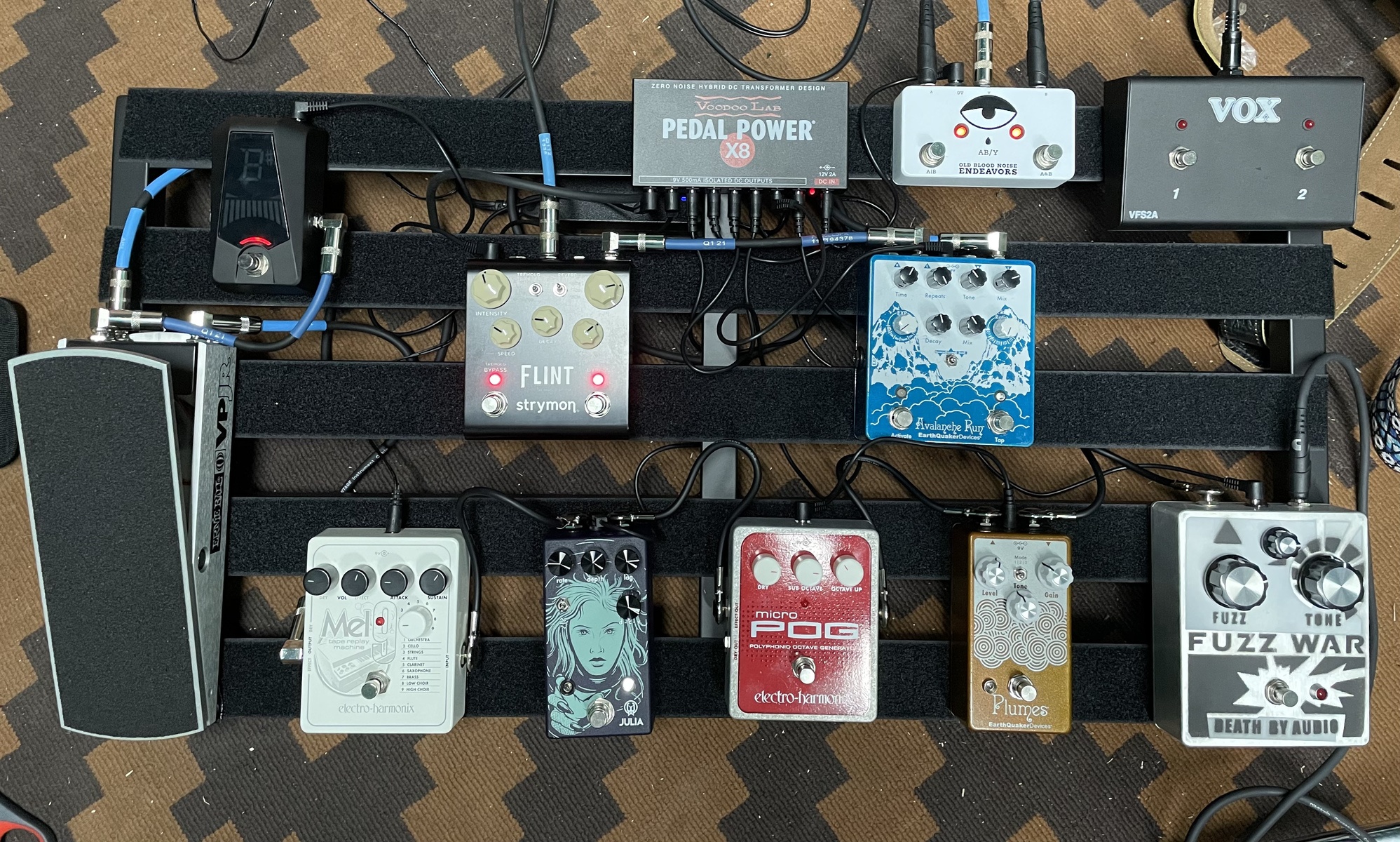 Pedalboard by epocepoc featuring Death By Audio Fuzz War, EarthQuaker Devices Plumes, and Electro-Harmonix Micro POG Polyphonic Octave Generator and 8 more pieces of gear