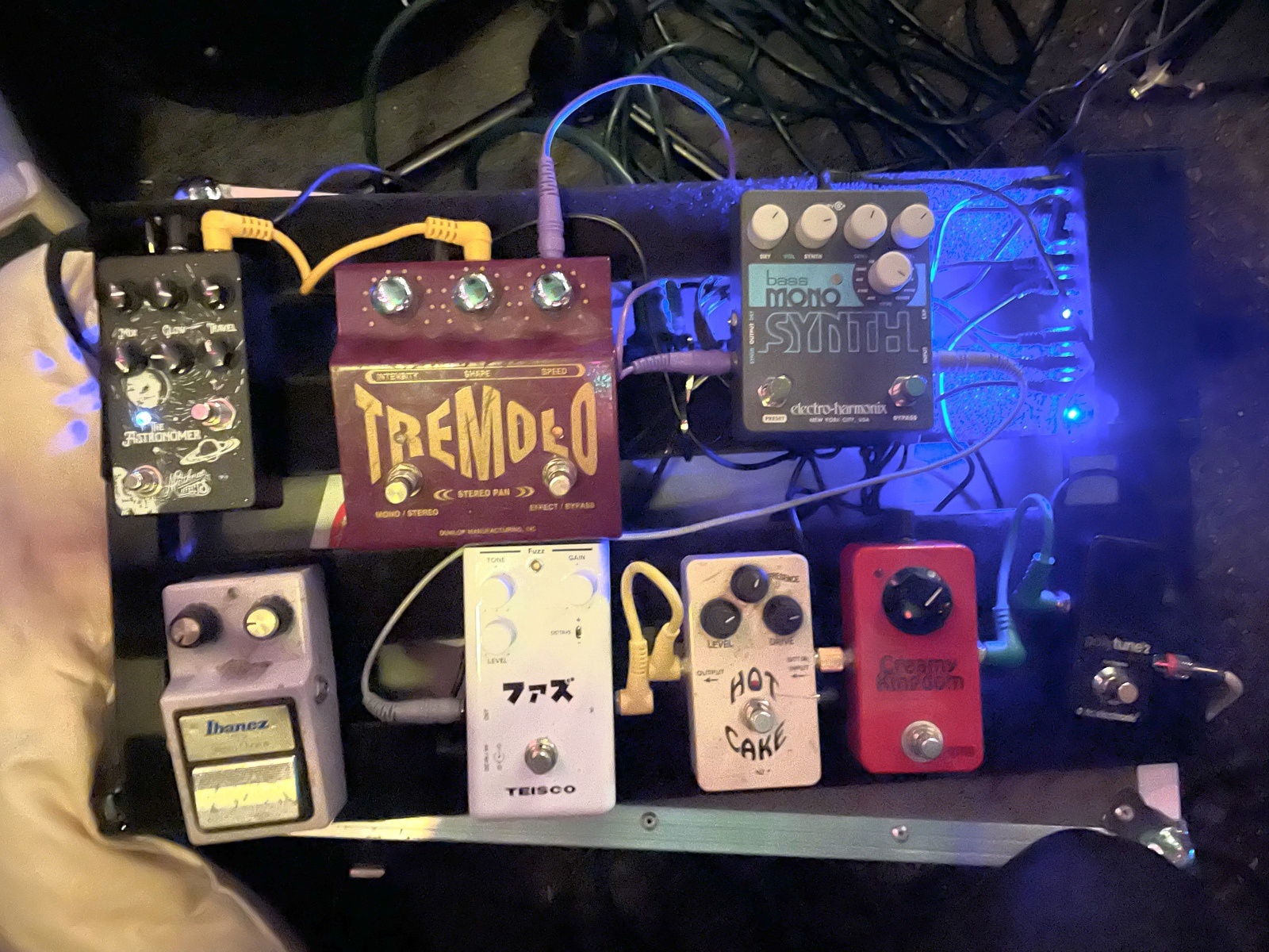 Pedalboard by coletheslaw featuring Dunlop TS-1 Tremolo Stereo Pan, Crowther Hot Cake, and Teisco Fuzz and 3 more pieces of gear