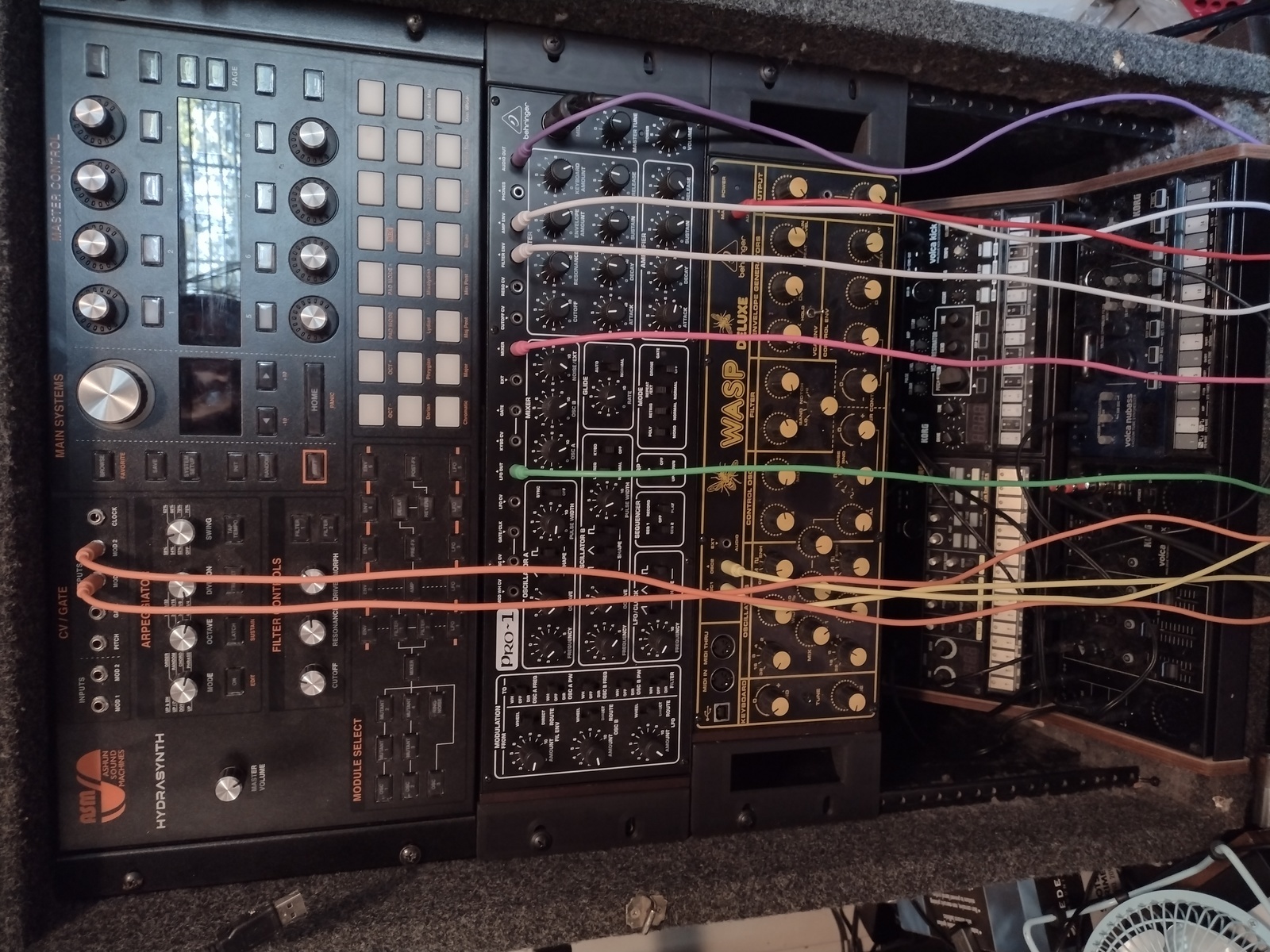 Electronic Studio Setup by junkie_bass_studios featuring ASM Hydrasynth Desktop, Behringer Pro-1, and Behringer Wasp Deluxe and 4 more pieces of gear