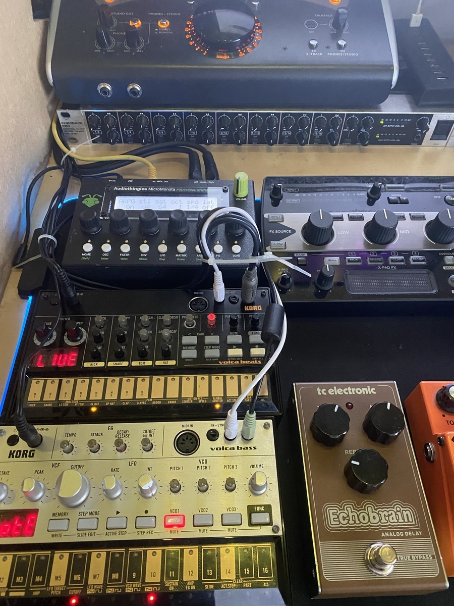 Electronic Studio Setup by groovegsus featuring Korg Volca Bass, TC Electronic Echobrain Delay Pedal, and Boss DS-1 Distortion and 4 more pieces of gear