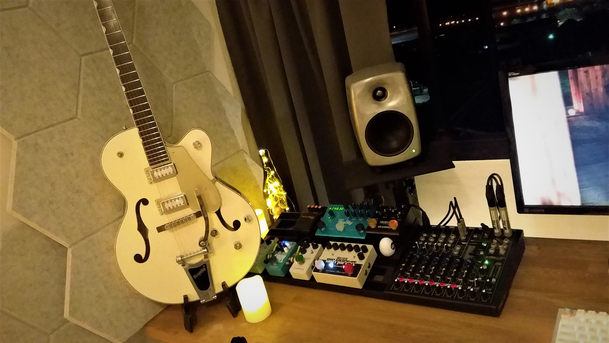 Genelec Pedalboard by mort featuring Electro-Harmonix Sovtek Deluxe Big Muff Pi and Genelec 8030C Studio Monitors