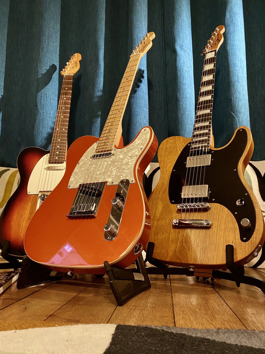 Music Gear Setup by warhol featuring Fender American Deluxe Telecaster, Charvel Joe Duplantier Signature Pro-Mod San Dimas Style 2 HH Mahogany, and Squier Classic Vibe 60s Telecaster Custom