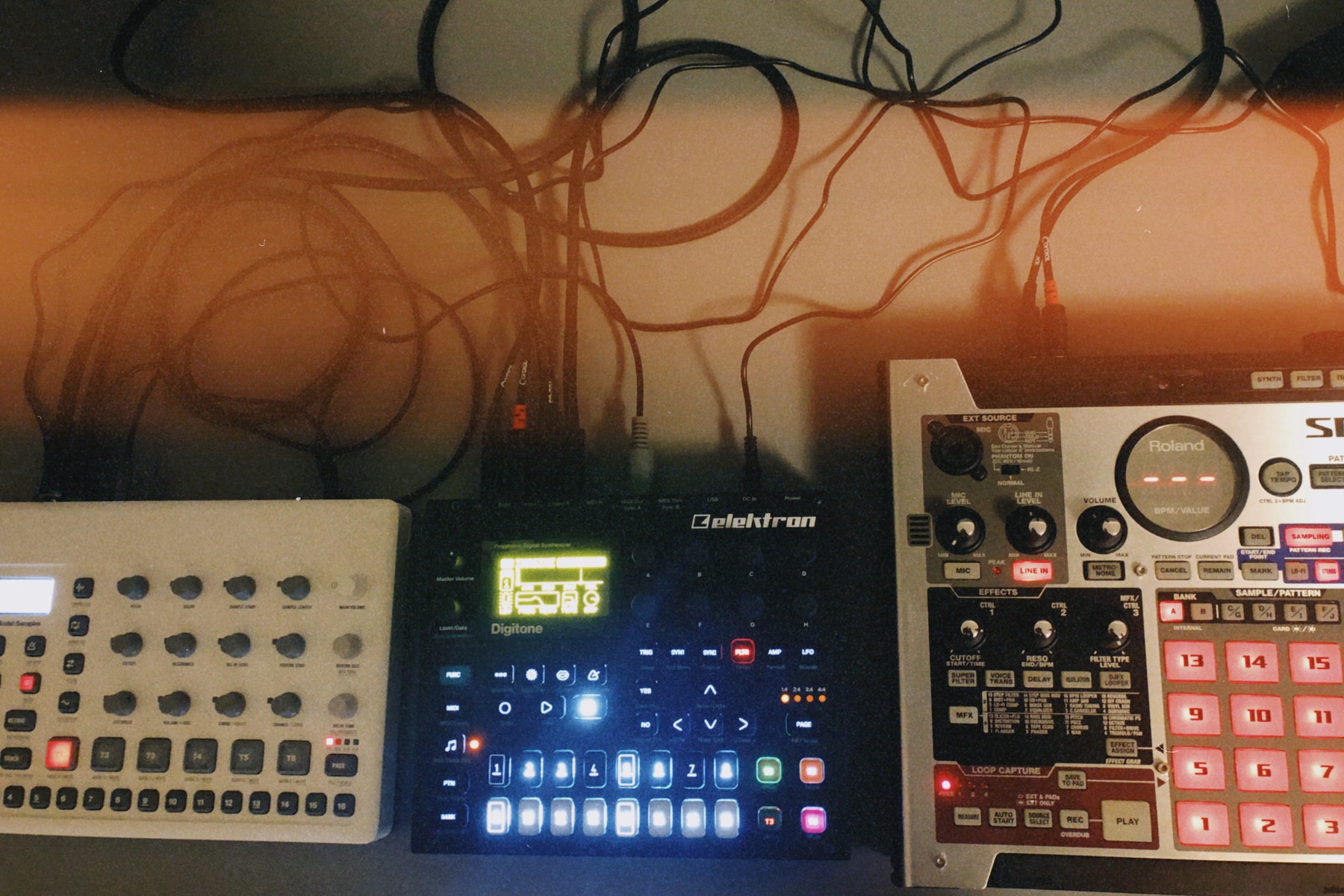 Electronic Synth Setup by monochrome featuring Elektron Model:Samples, Elektron Digitone, and Roland SP-555 Creative Sampler Workstation