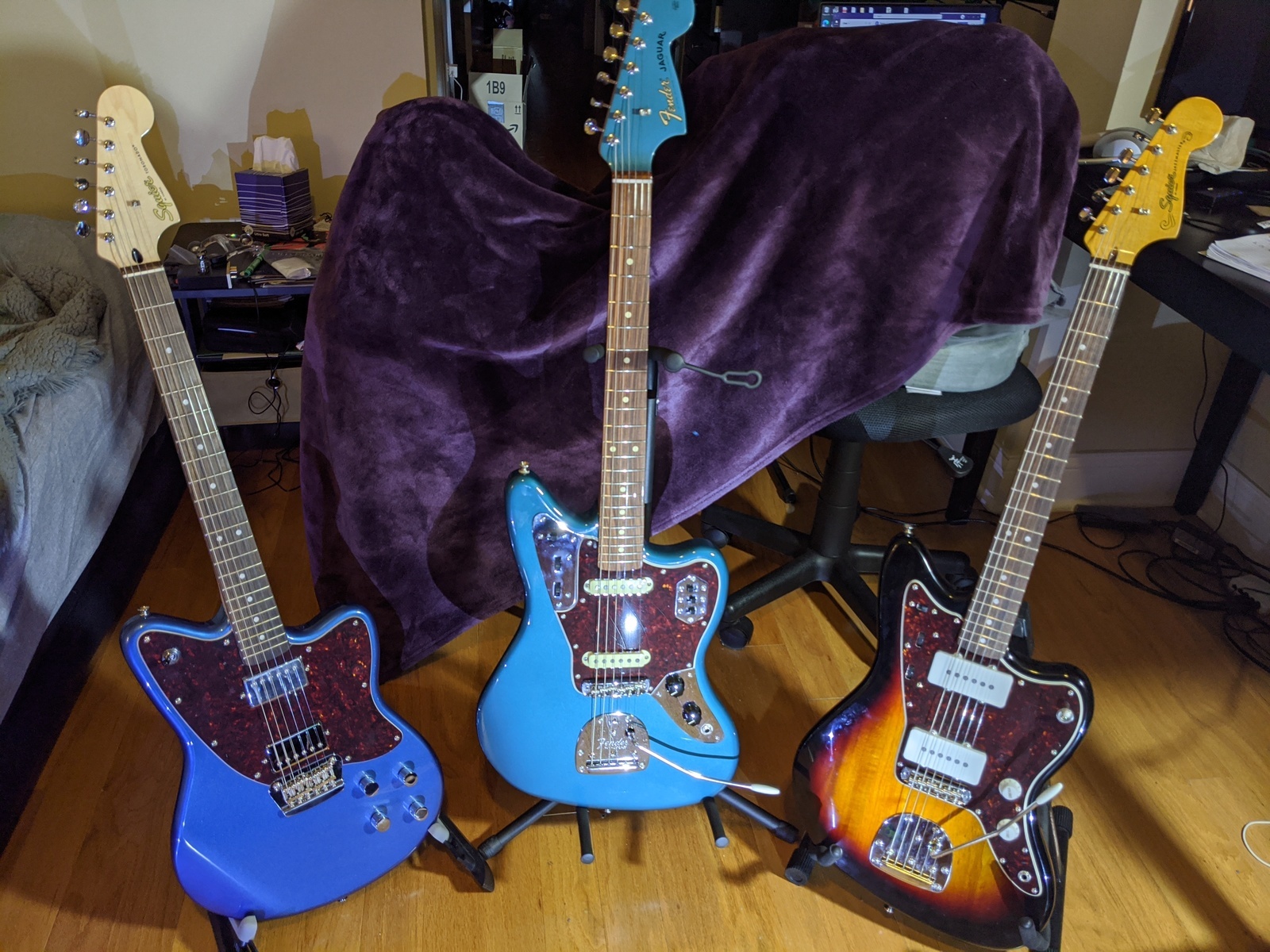 Squier Music Gear Setup by bankyvee featuring Squier Paranormal Toronado, Fender Vintera '60s Jaguar, and Squier Classic Vibe '60s Jazzmaster