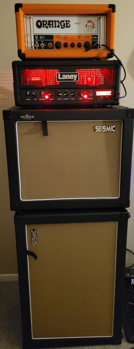 Punk Amp Rig by artifex_adrift featuring Laney Ironheart IRT15H2, Orange OR15H 15W Tube Guitar Amp Head, and Eminence Wizard and 1 more piece of gear