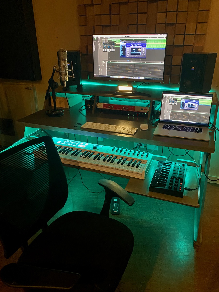 Electronic Studio Setup by wj2006 featuring Apple MacBook Pro (General), Output Platform Workstation Desk, and Arturia KeyLab Essen­tial 49 and 9 more pieces of gear