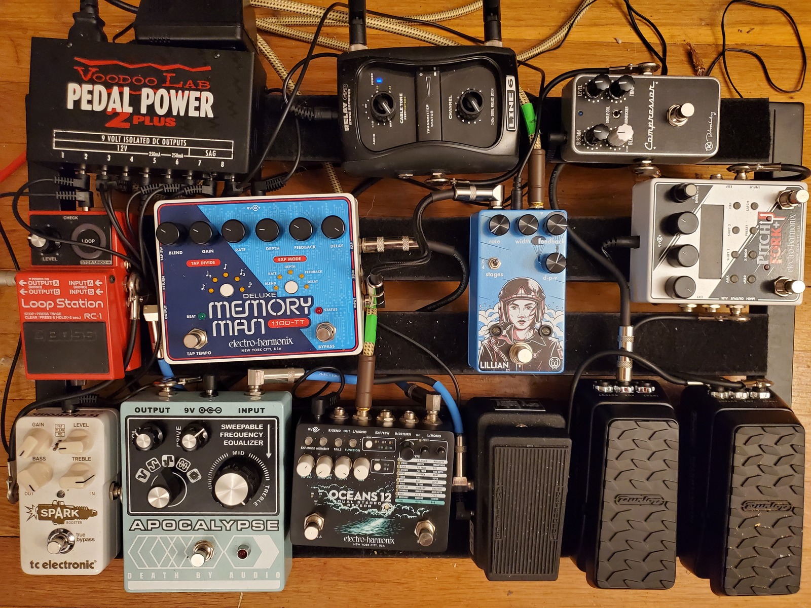 Pedalboard by cloud_hendrix featuring Electro-Harmonix Deluxe Memory Man with Tap Tempo, Electro-Harmonix Oceans 12, and Death By Audio Apocalypse and 8 more pieces of gear