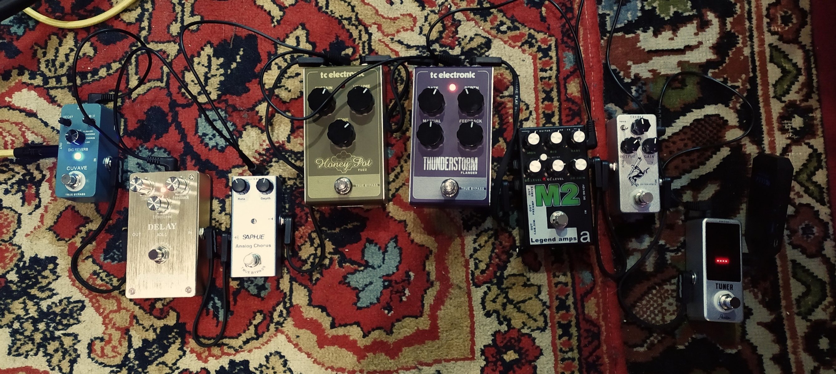 Pedalboard by whoisaleksey featuring TC Electronic Thunderstorm Flanger, TC Electronic Honey Pot Fuzz, and AMT Electronics M2 Guitar preamp and 6 more pieces of gear
