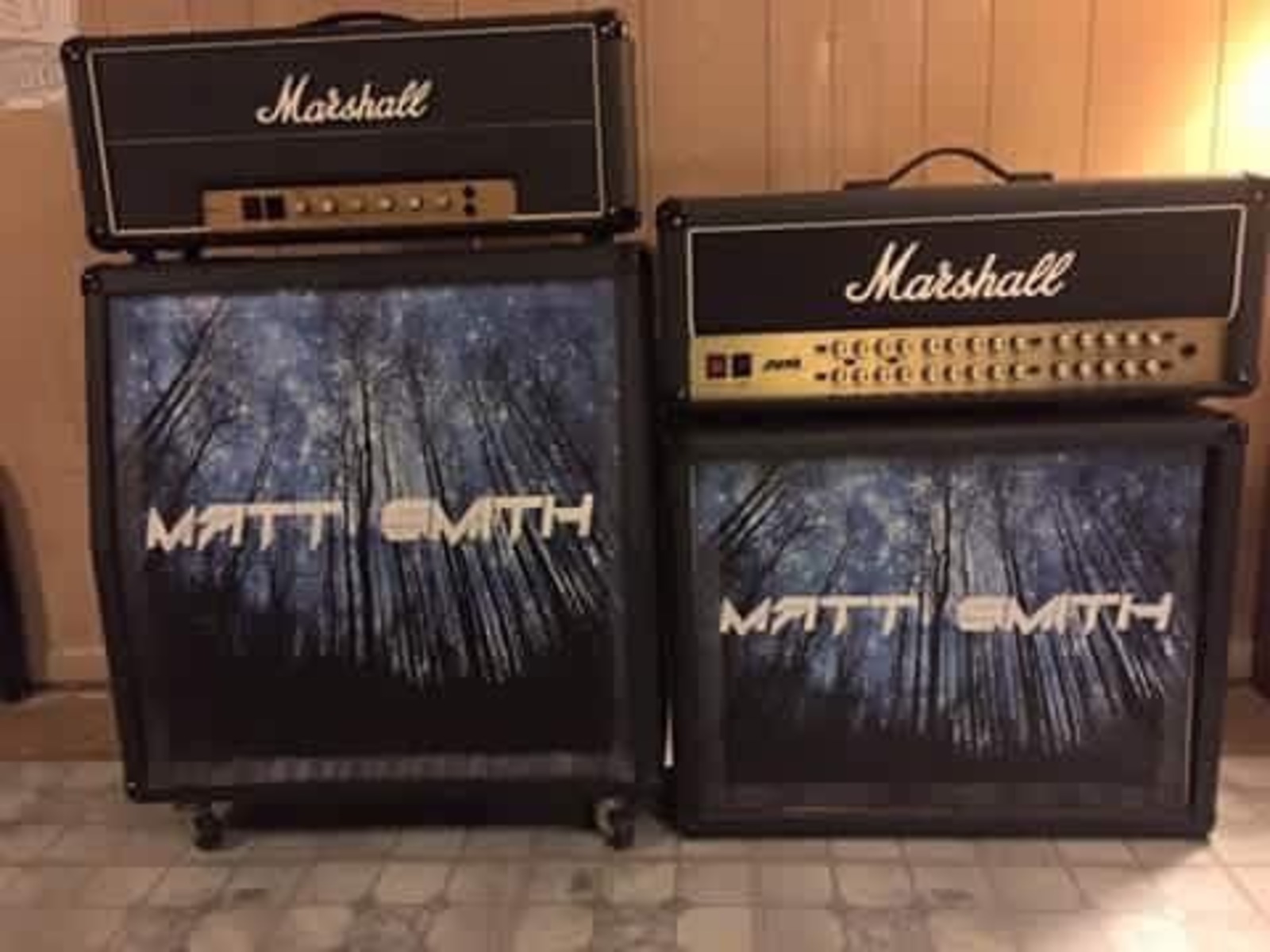 Metal Live Rig by mattsmithme featuring Marshall 1960A 4x12'' Cabinet, Marshall 1936 2x12" Cabinet, and Marshall JMP 2203 Mk II Master Lead 100w and 1 more piece of gear