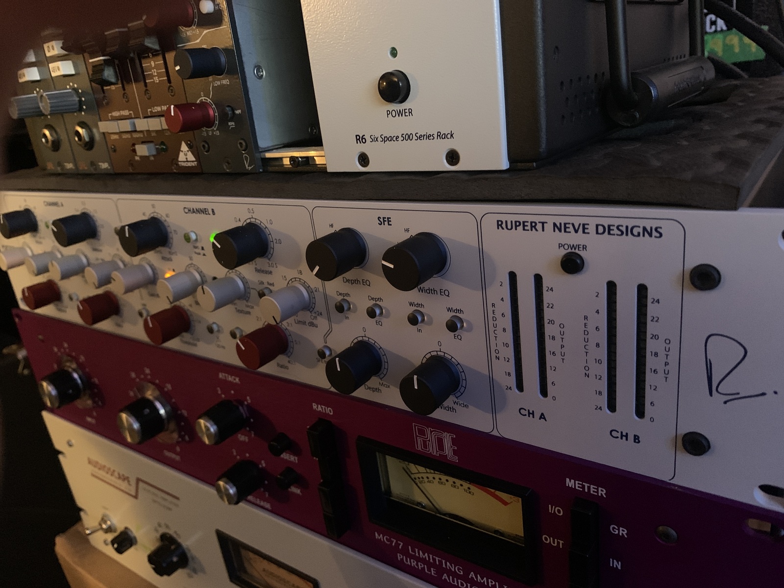 Electronic Studio Setup by jamescassidy featuring Rupert Neve Designs Portico ll Master Buss Processor, Purple Audio MC77 Limiting Amplifier, and AudioScape OPTO COMP