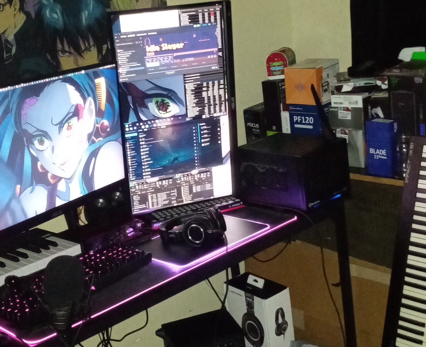 Electronic Studio Setup by ritorikal featuring Asus Computers ProArt Display PA248QV, Audio-Technica ATH-M50x Professional Monitor Headphones, and Audio-Technica AT2020 USB+ and 5 more pieces of gear