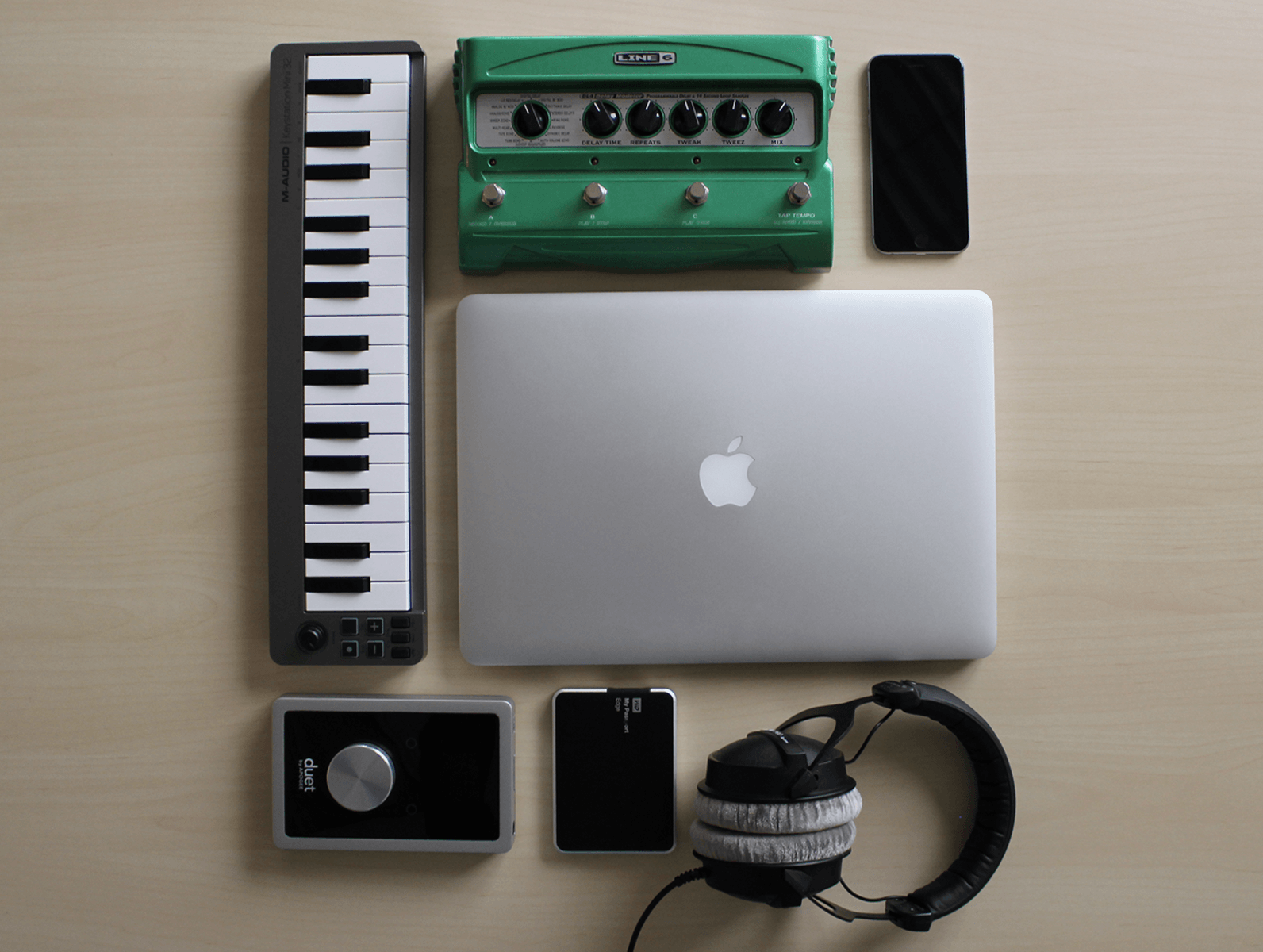 Electronic Studio Setup by gchiaren featuring Line 6 DL4 Delay Modeler, Beyerdynamic DT 770 PRO-80 Closed Studio Headphones, and Apogee Duet 2 USB Audio Interface and 1 more piece of gear