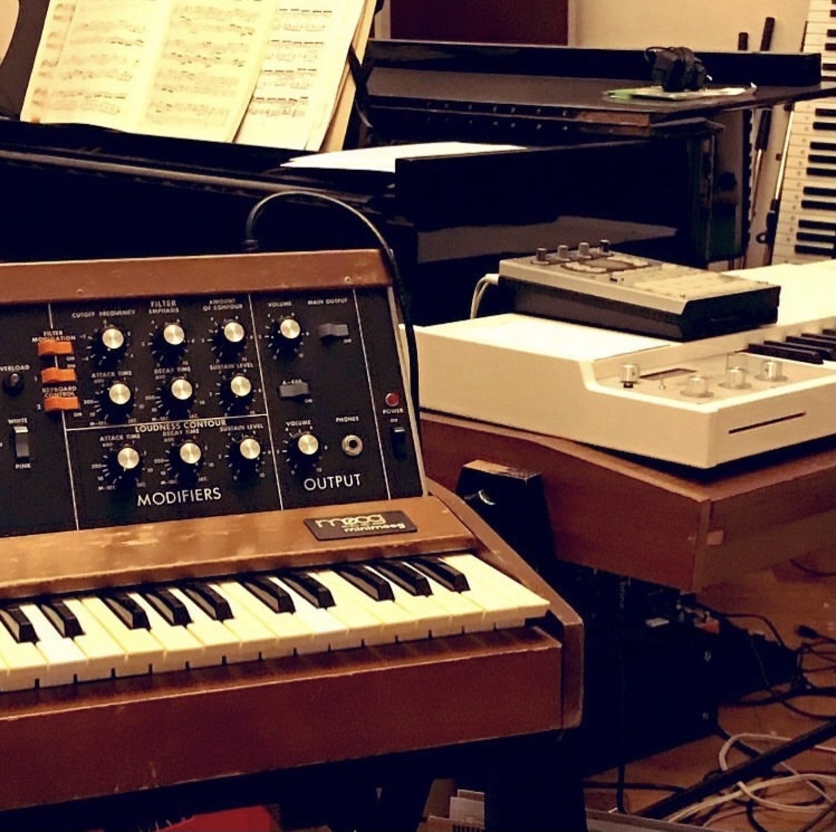 Electronic Synth Setup by audiac featuring Moog Minimoog Model D, Manikin Electronic Memotron, and Roland SP-404