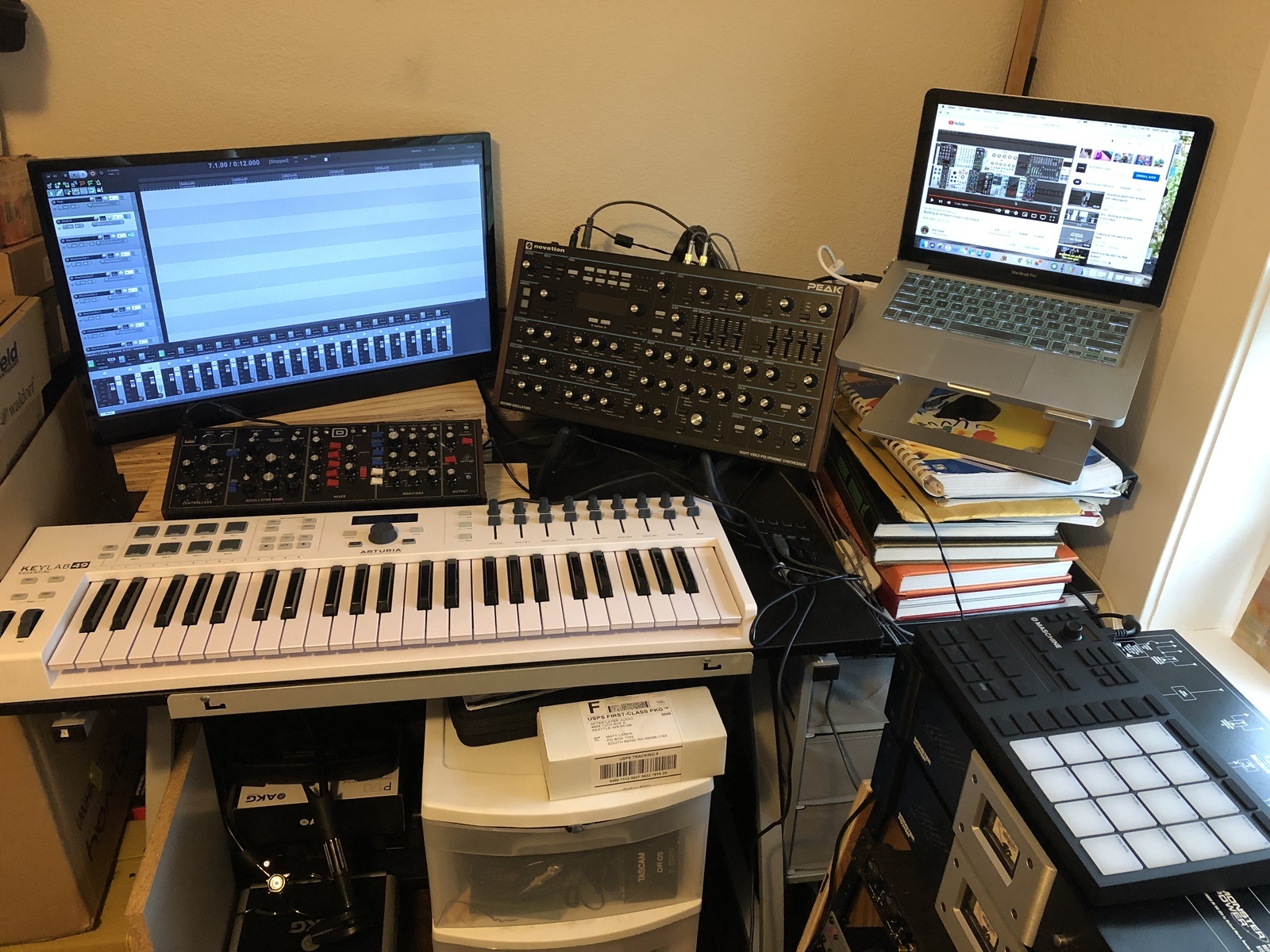 Electronic Studio Setup by theveiledcreature featuring Behringer Model D, Arturia KeyLab Essen­tial 49, and Novation Peak Desktop Synthesizer and 1 more piece of gear