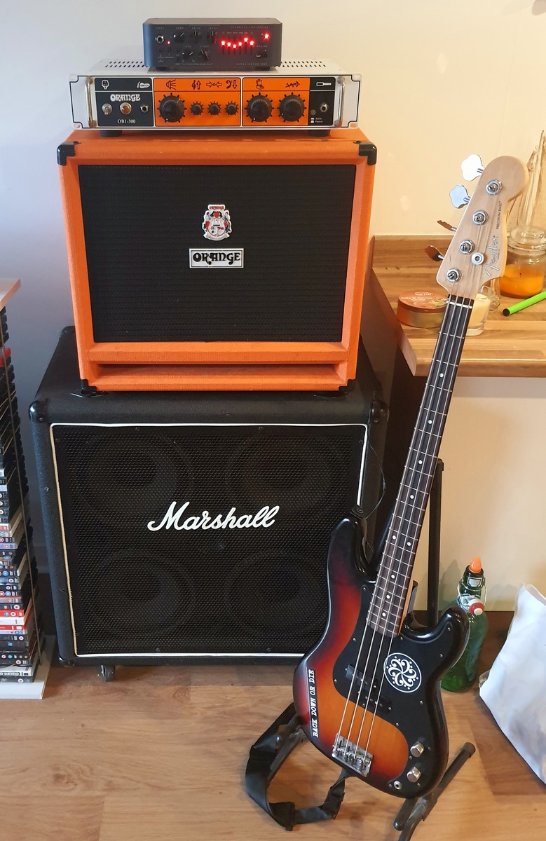 Metal Studio Setup by bennohoundsuk featuring Darkglass Electronics Darkglass alpha omega 500 bass head, Orange OB1-300 300-Watt Single Channel Solid State Bass Head, and Orange OBC410 4x10'' 600-Watt Bass Speaker Cabinet and 2 more pieces of gear