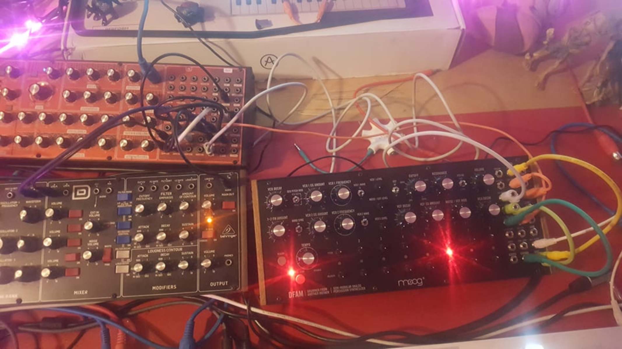Electronic Synth Setup by dr_fluffy featuring Moog DFAM - Drummer From Another Mother, Behringer Neutron, and Behringer Model D