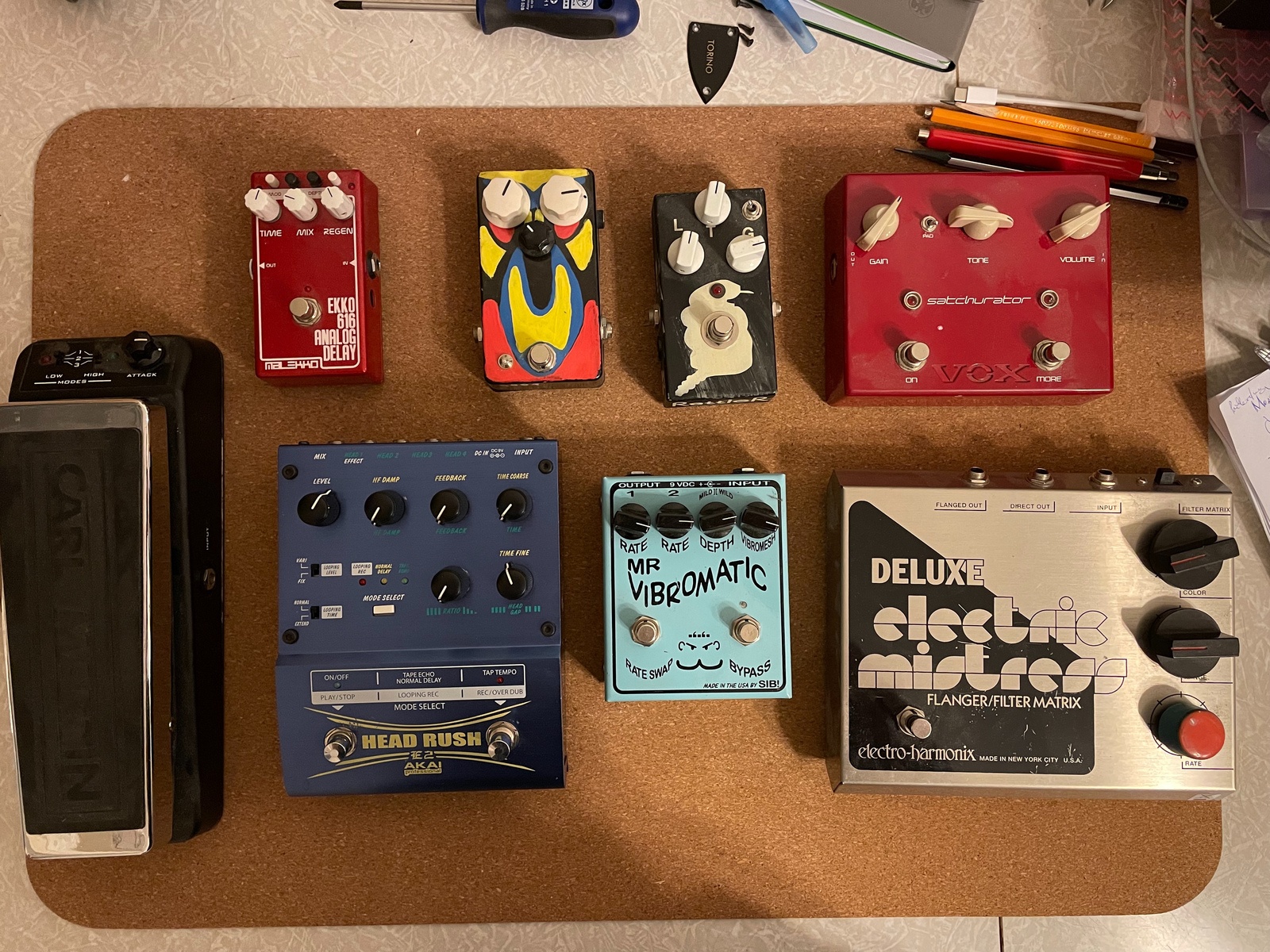 Pedalboard by surf featuring Electro-Harmonix Deluxe Electric Mistress, Carl Martin 2 Wah, and Malekko Heavy Industry Ekko 616 Analog Delay and 4 more pieces of gear