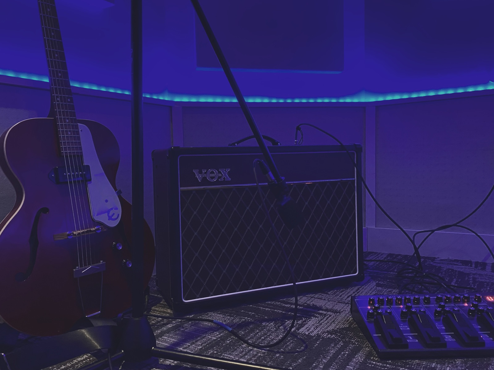 Country Studio Setup by jacksonvincent featuring Epiphone "Inspired by 1966" Century (Aged Gloss Cherry), Vox AC15, and Sennheiser e609 and 1 more piece of gear