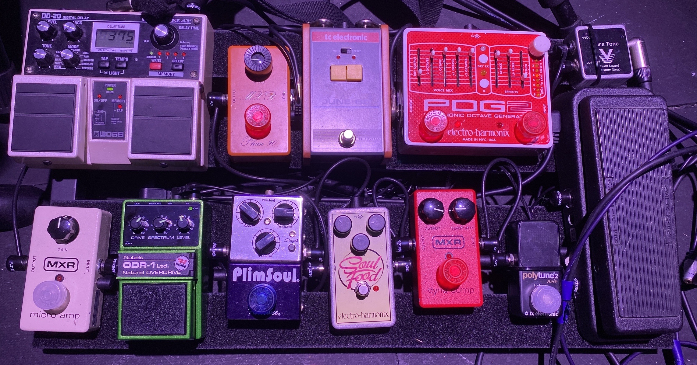 Pedalboard by pitchy featuring Boss DD-20 Giga Delay, MXR MX-101 Phase 90 (Vintage - Script Logo), and MXR M102 Dyna Comp and 10 more pieces of gear