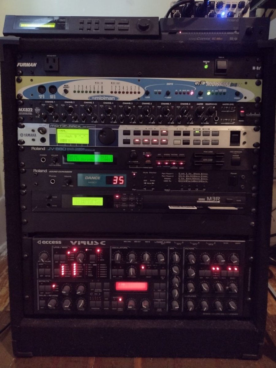 Electronic Synth Setup by ash9 featuring Furman M-8X2, Midiman USB Midisport 8x8/s, and Yamaha Motif-Rack and 7 more pieces of gear