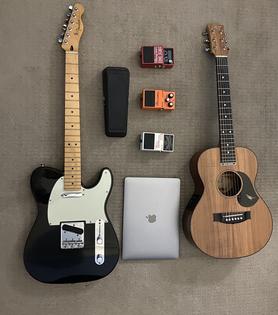 Music Gear Setup by samthomas featuring Fender Player Telecaster, Maton Mini EML 6, and Apple MacBook Air (General) and 5 more pieces of gear