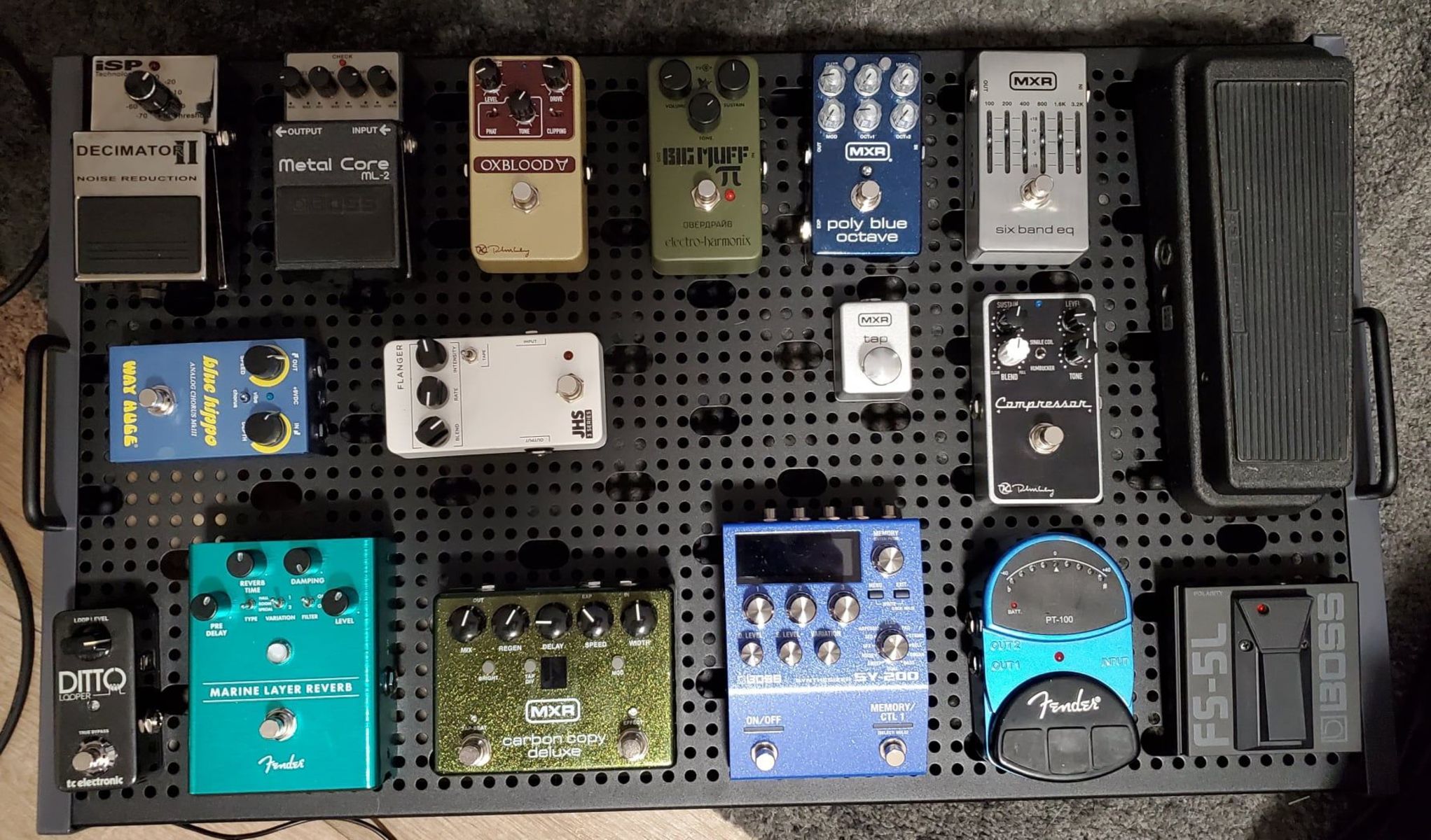 Metal Pedalboard by nic featuring MXR M306 Poly Blue Octave, Boss SY-200 Synthesizer, and Keeley Compressor Plus and 13 more pieces of gear