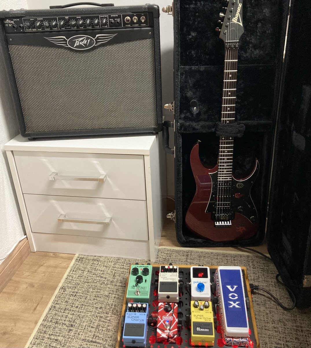 Metal Pedalboard by takahashiryu featuring Peavey Valveking 112, Ibanez RG 250 Japan 2001, and Vox V847 Limited Edition Union Jack Wah Pedal and 6 more pieces of gear
