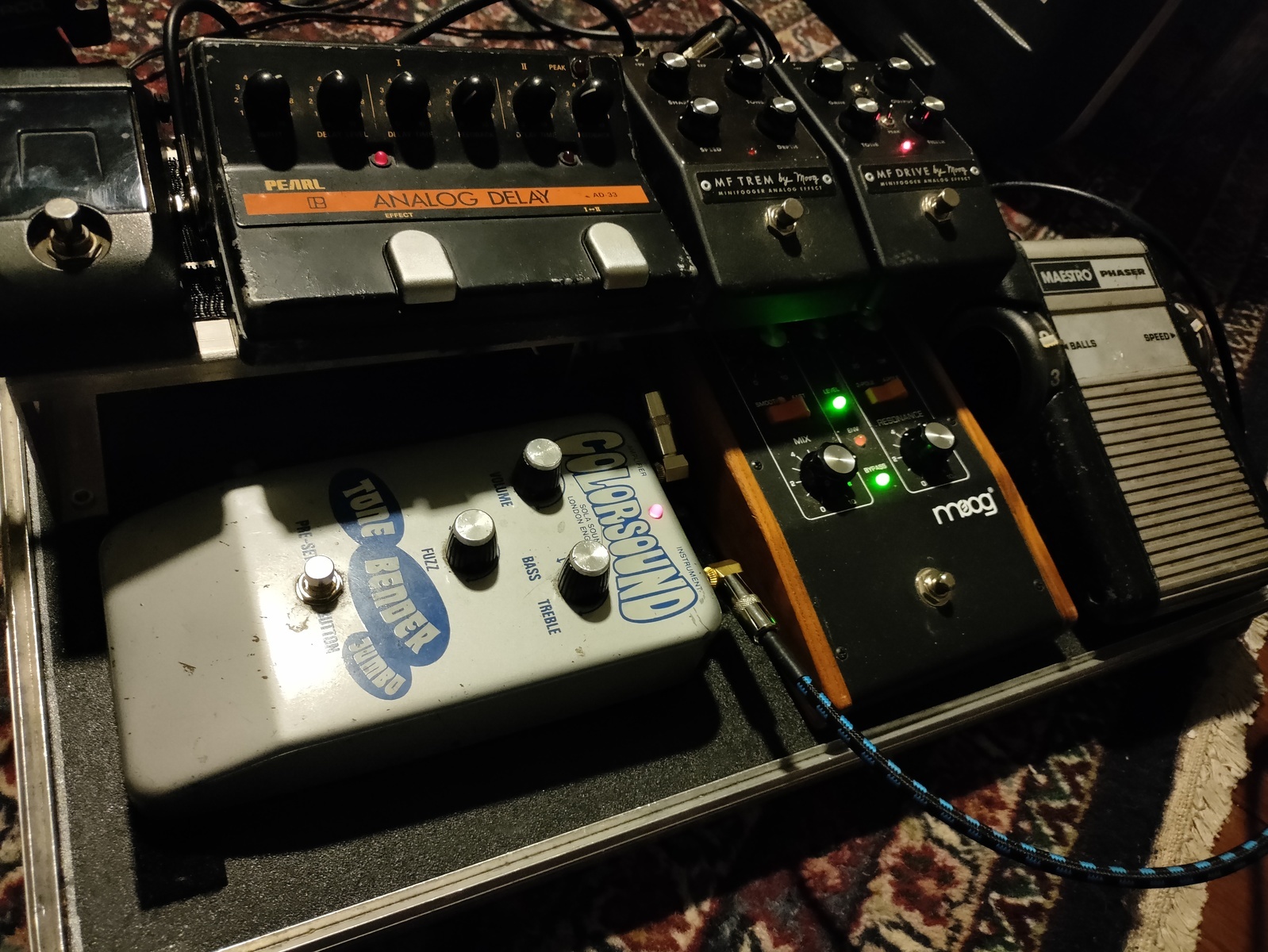 Pedalboard by stjames3410 featuring Maestro MP-1 Phaser, Colorsound Jumbo Tonebender, and Pearl AD-33 Analog Delay and 3 more pieces of gear