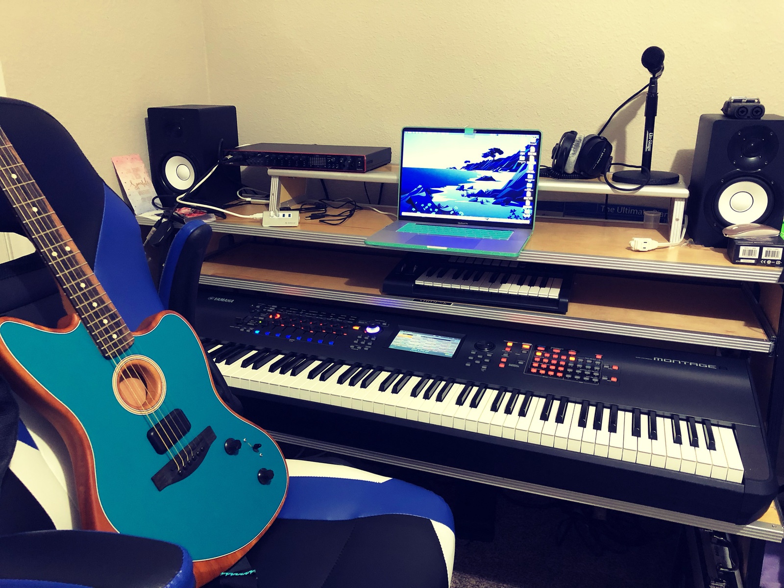 Electronic Studio Setup by lanettedestiny93 featuring Yamaha Montage 8, Fender Acoustasonic Jazzmaster Acoustic-electric Guitar - Ocean Turquoise, and Yamaha HS5 and 4 more pieces of gear