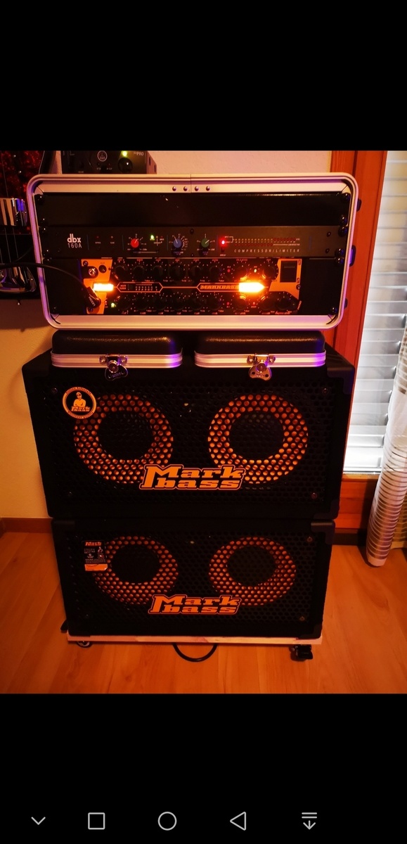 Electronic Studio Setup by hammerbass featuring Markbass Evo1 500W Bass Amp Head, Markbass Traveler 102p, and dbx 160A and 1 more piece of gear