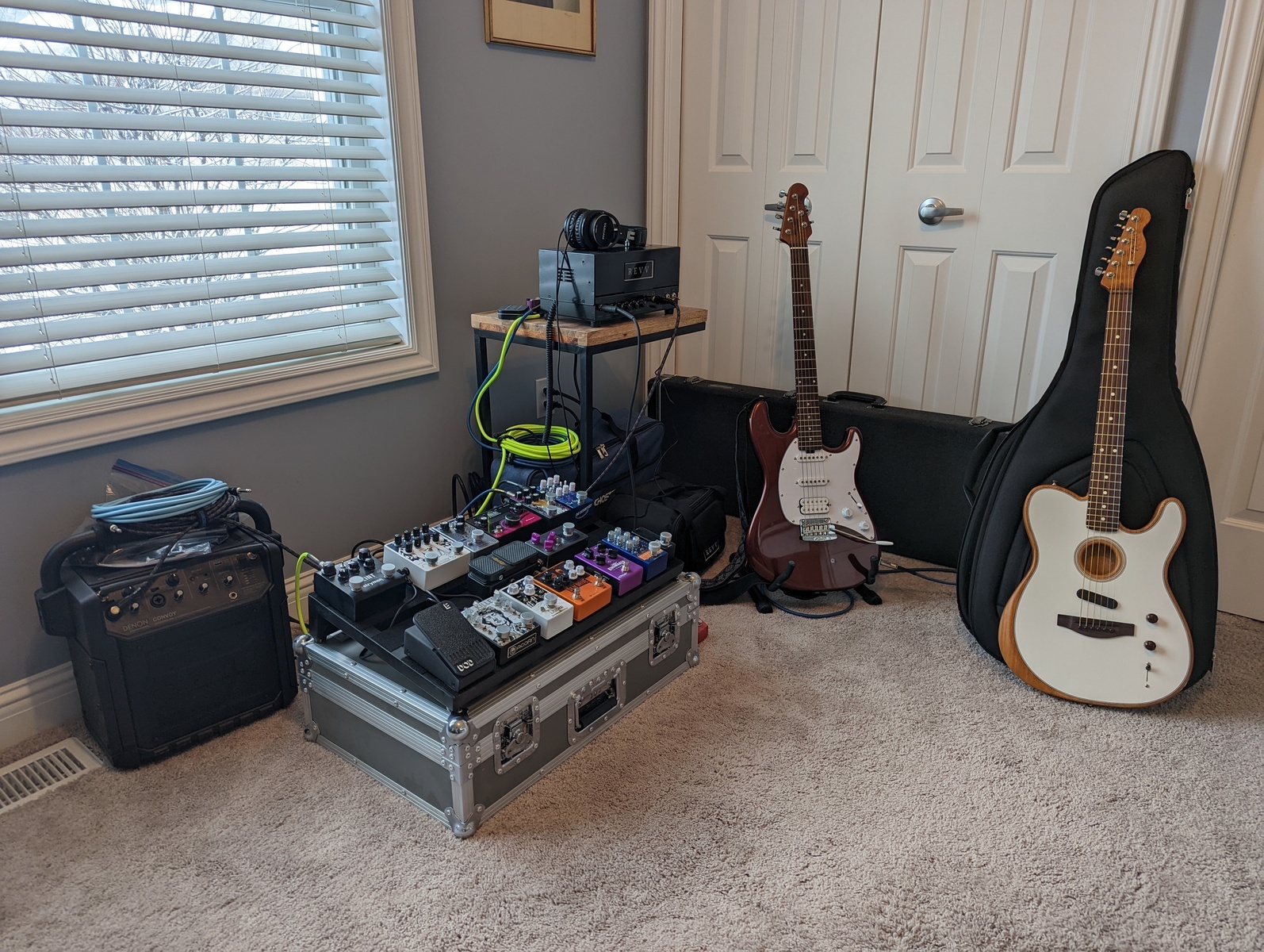 Country Amp Rig by johnly featuring Sterling by Music Man Cutlass CT50 HSS VC M2, Fender Acoustasonic Player Telecaster, and Revv D20 20w Amp Head