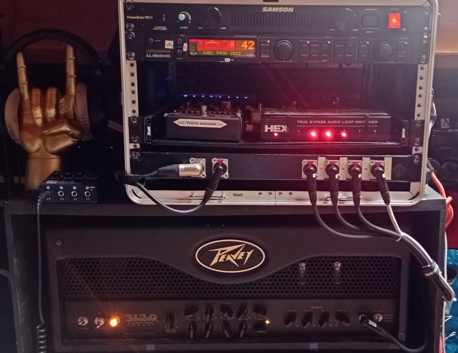 Metal Live Rig by kaelatrius featuring Peavey 3120 120W Tube Guitar Amp Head, Voodoo Lab HEX Audio Loop Switcher, and MXR Ten Band EQ M108S and 2 more pieces of gear