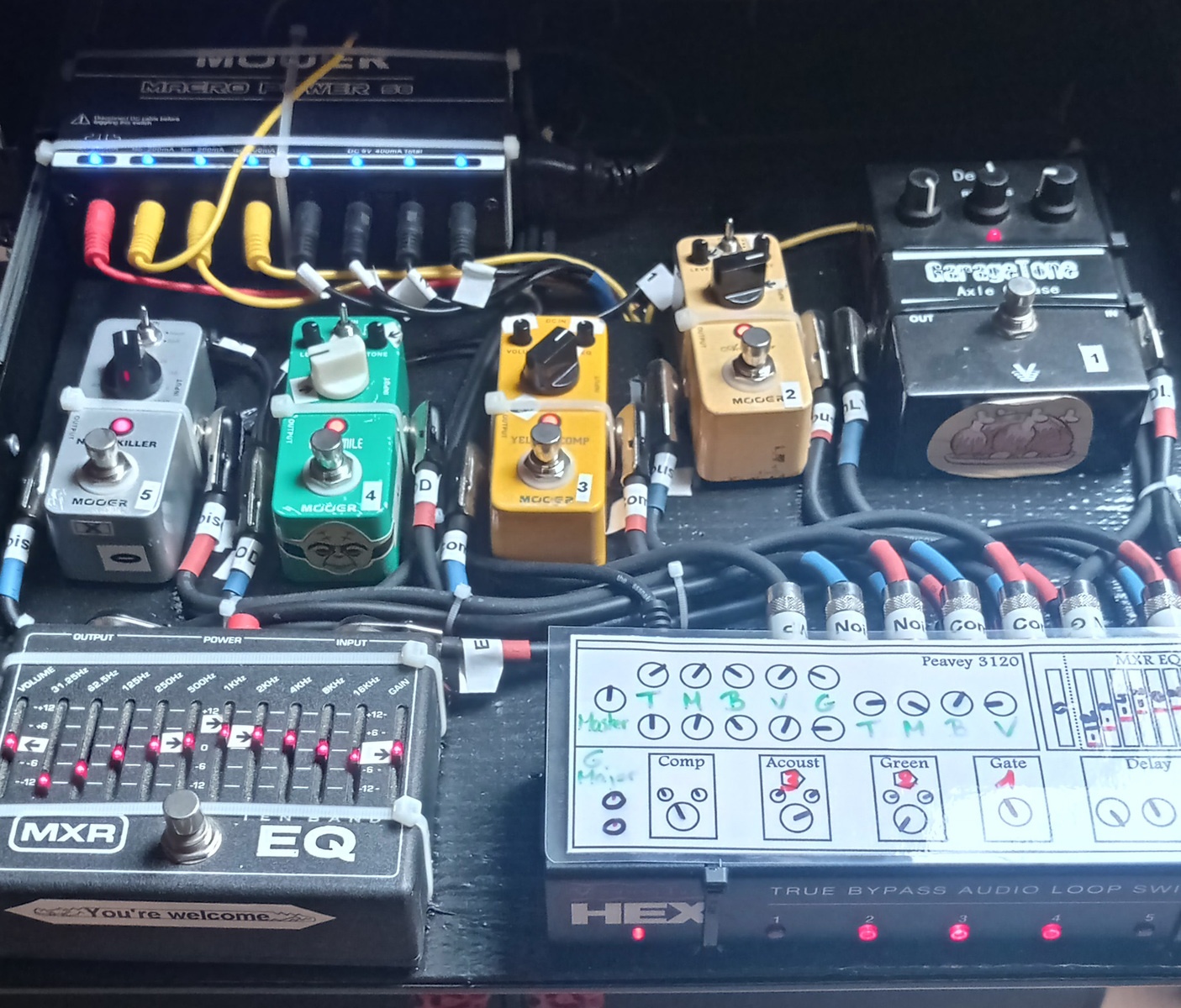 Metal Pedalboard by kaelatrius featuring Voodoo Lab HEX Audio Loop Switcher, MXR Ten Band EQ M108S, and Mooer Noise Killer and 5 more pieces of gear