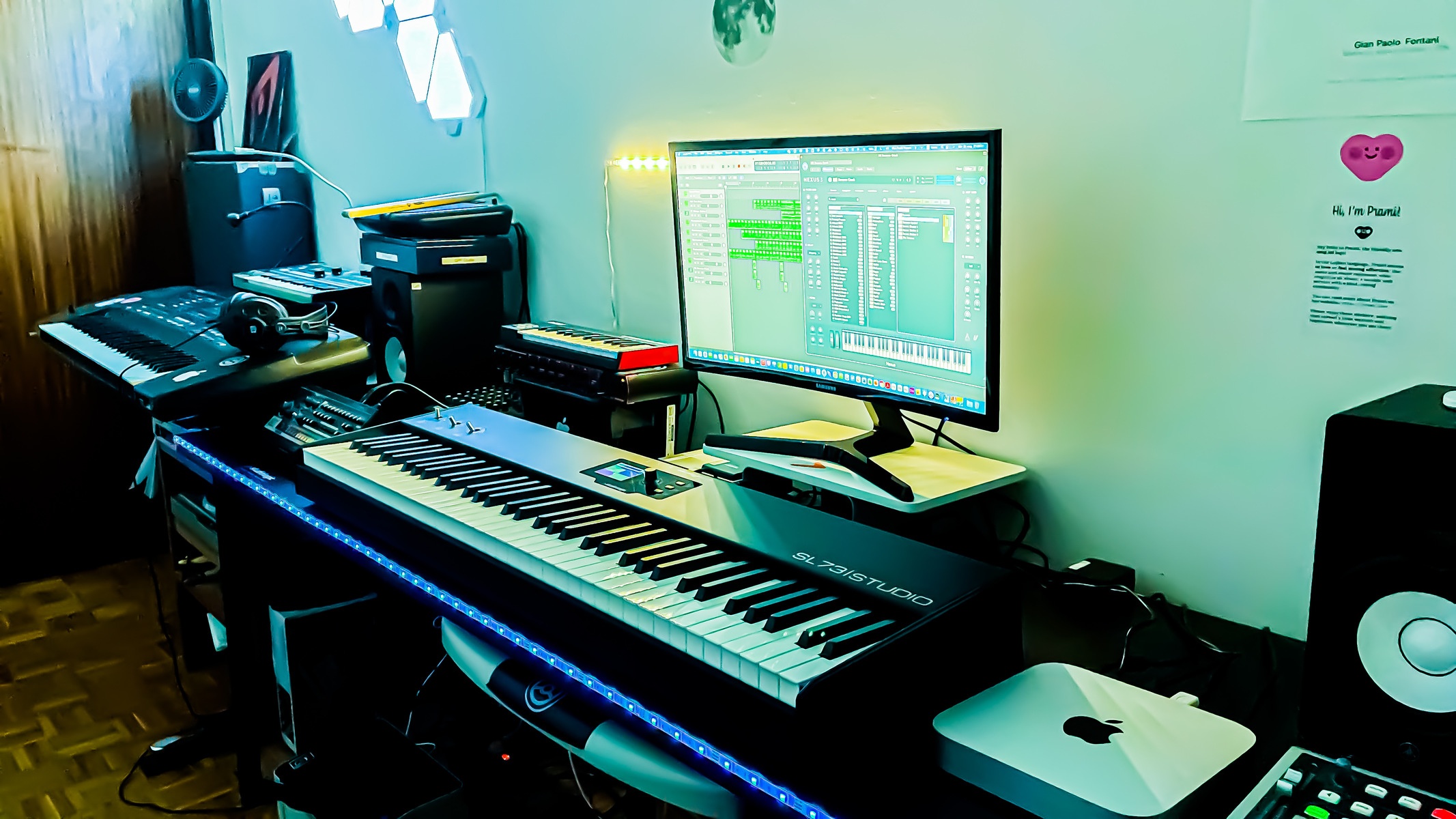 Electronic Studio Setup by gpaolofontani featuring Studiologic SL73 Studio, Apple Mac Mini (General), and Samsung 24" Curved Monitor and 9 more pieces of gear
