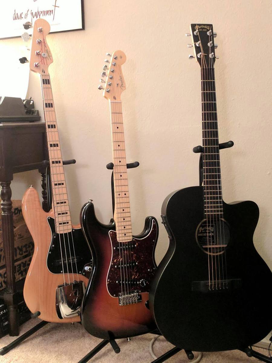 Music Gear Setup by hunterkeegan featuring Squier Jazz Classic Vibe '70s, Fender American Pro Stratocaster, and Martin 000CXE Black