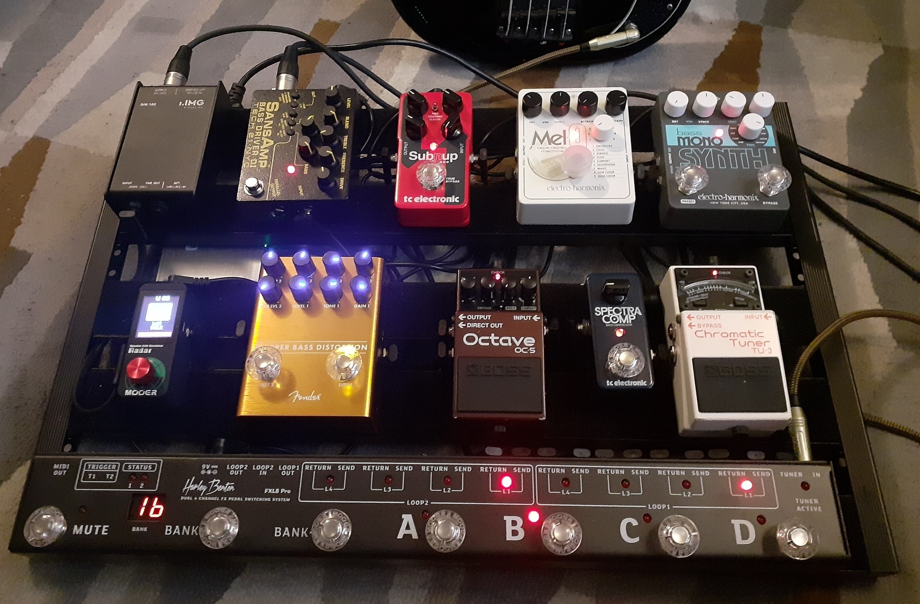 Pedalboard by derblumenmann featuring Harley Benton FXL8 Pro, Boss TU-3 Chromatic Tuner, and Spectra Bass Compressor and 7 more pieces of gear