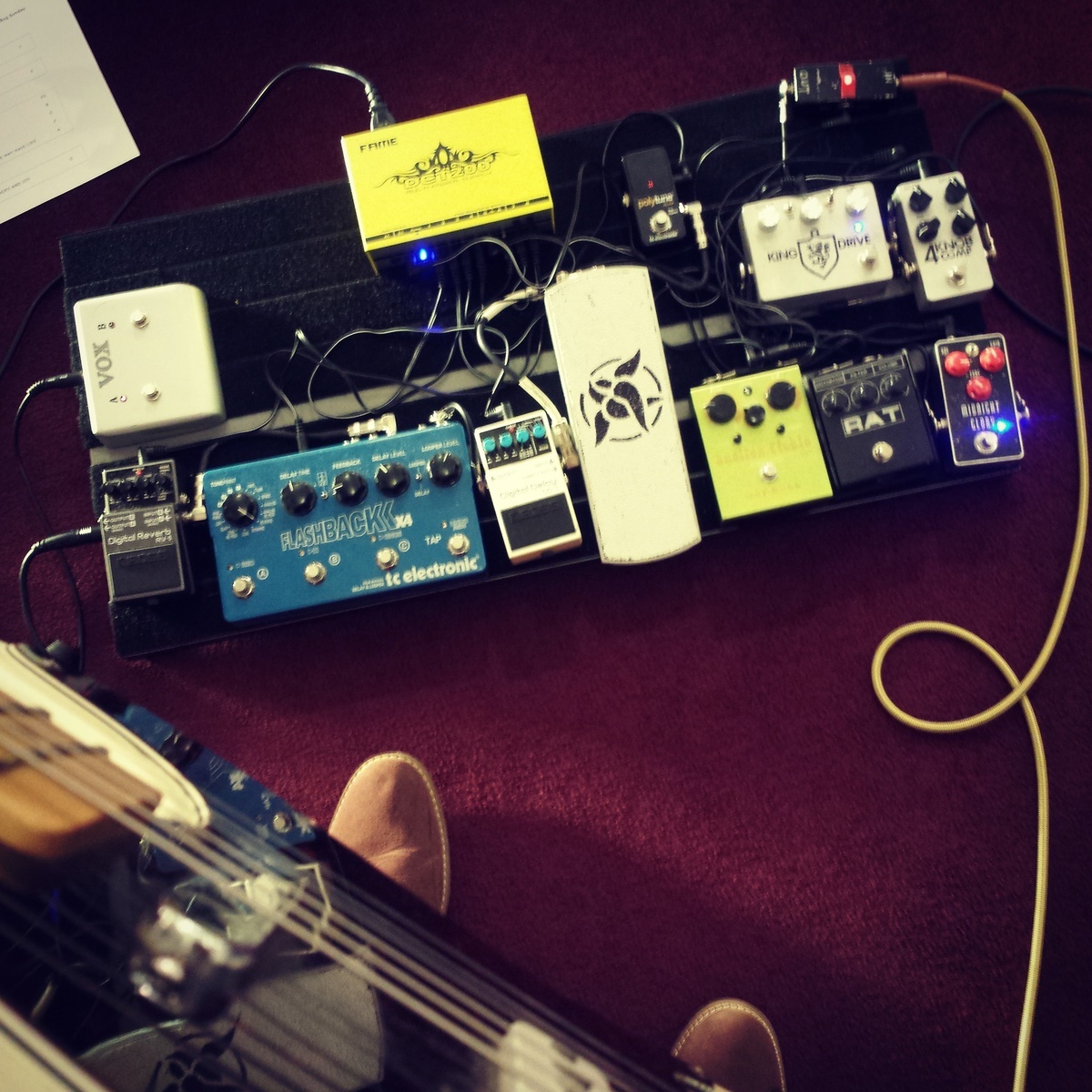 Music Gear Setup by mijoplaysguitar featuring Pro Co RAT 2, Boss RV-5 Digital Reverb, and TC Electronic Flashback X4 Delay