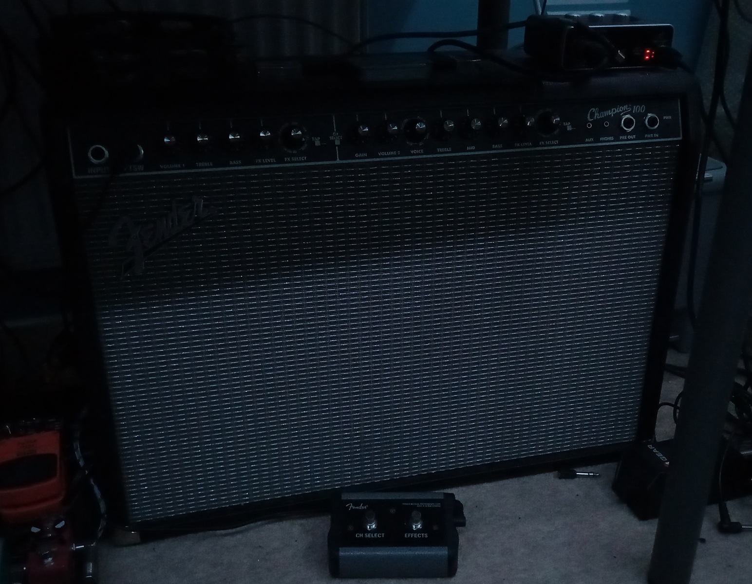 Electronic Studio Setup by jacob_t_allen featuring Fender Champion 100, Fender Champion 100 Footswitch, and Behringer U-PHORIA UM2