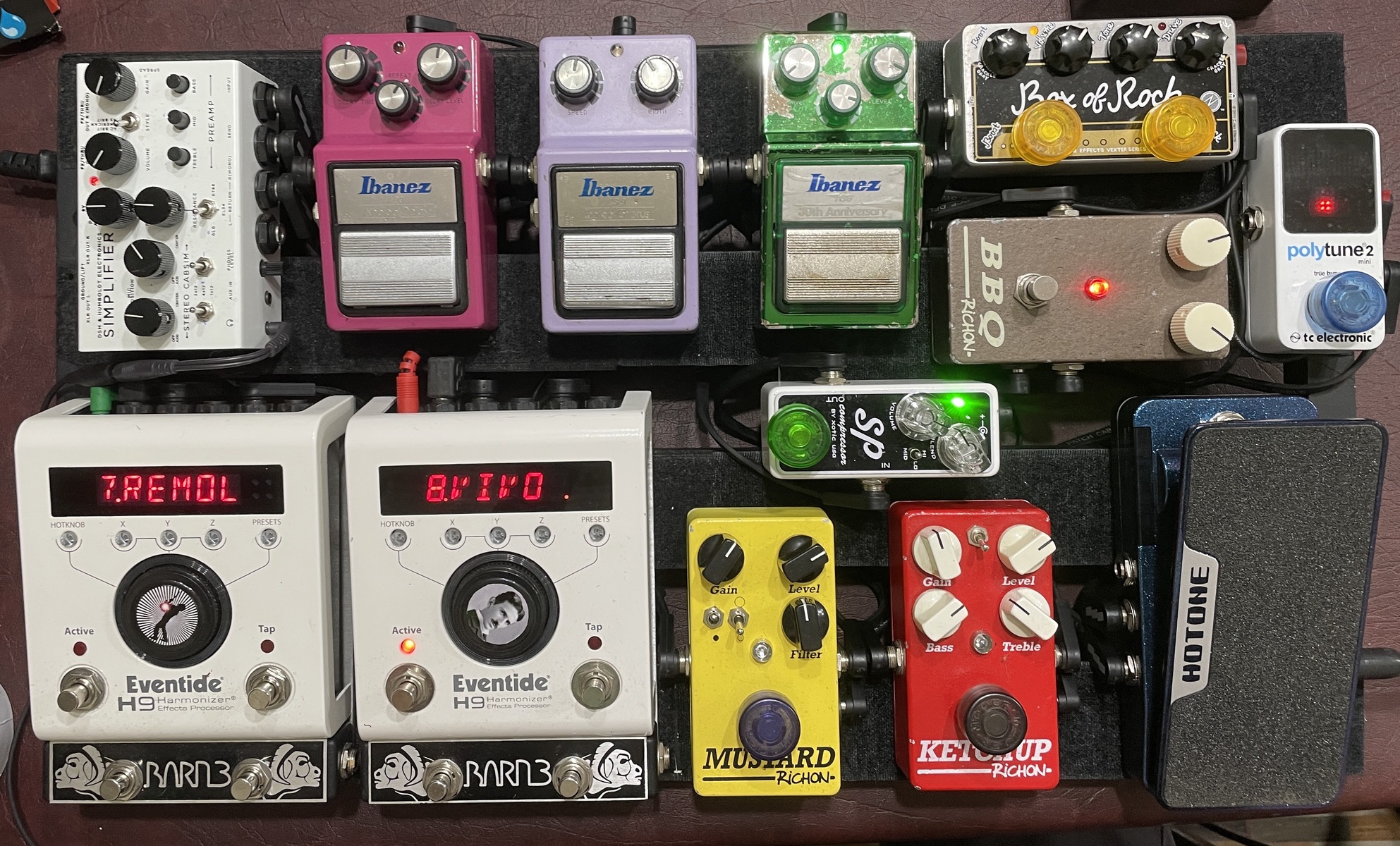 Pedalboard by gmendoza featuring Eventide H9 Max, Xotic Effects SP Compressor, and ZVEX Vexter Box of Rock