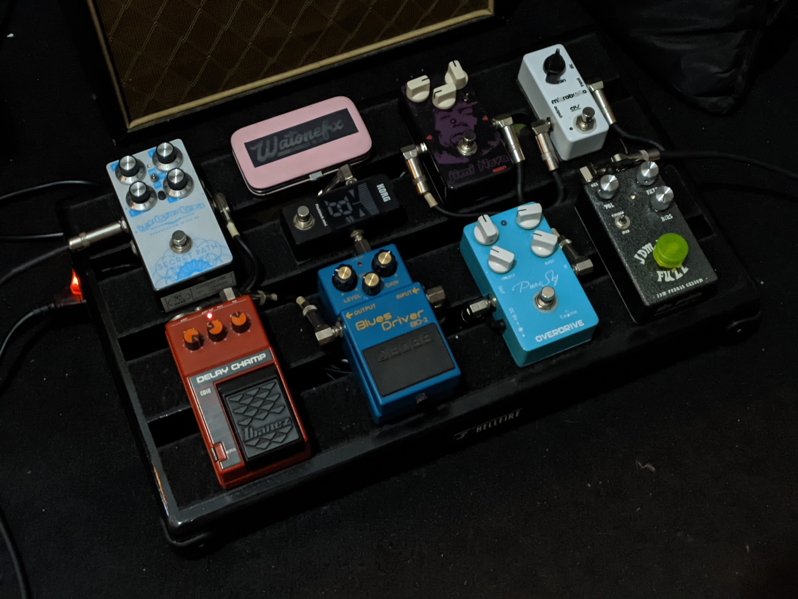 Pedalboard by matimoksa featuring Moen AM-VB Jimi Nova, Caline Pure Sky Overdrive, and Boss BD-2 Blues Driver and 3 more pieces of gear