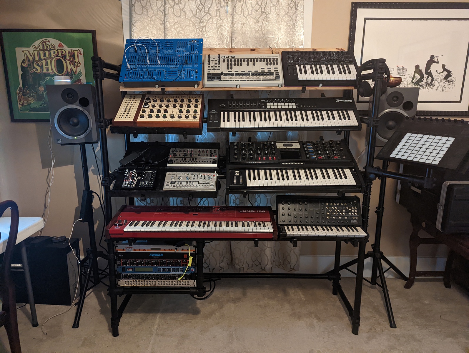 Electronic Studio Setup by angelofthebottomlesspit featuring Roland Juno-106, Roland TB-303 Devil Fish, and Korg MS-20 Mini and 10 more pieces of gear