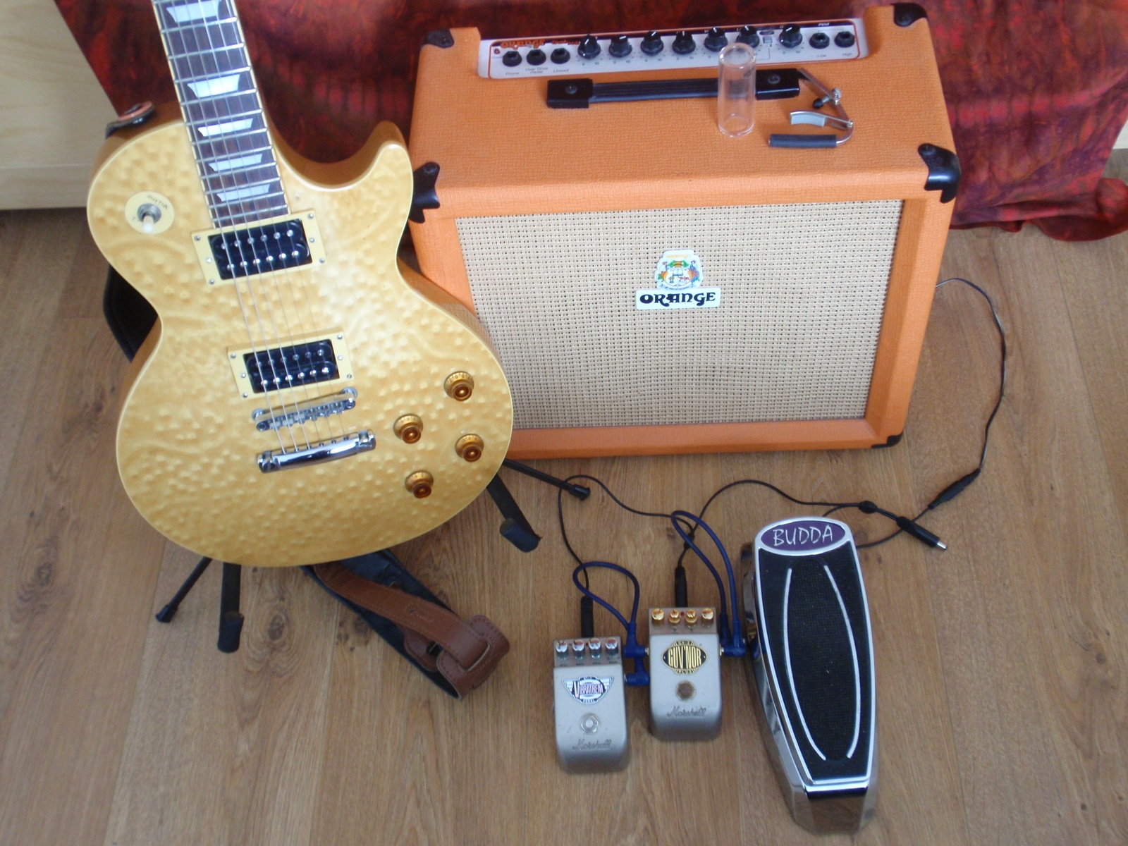 Marshall Pedalboard by satoriforsale featuring Orange Amplifiers CR30R Crush 30 Watt Combo Amp, Budda BudWah wah wah, and Marshall GV-2 Guv'nor Plus and 2 more pieces of gear