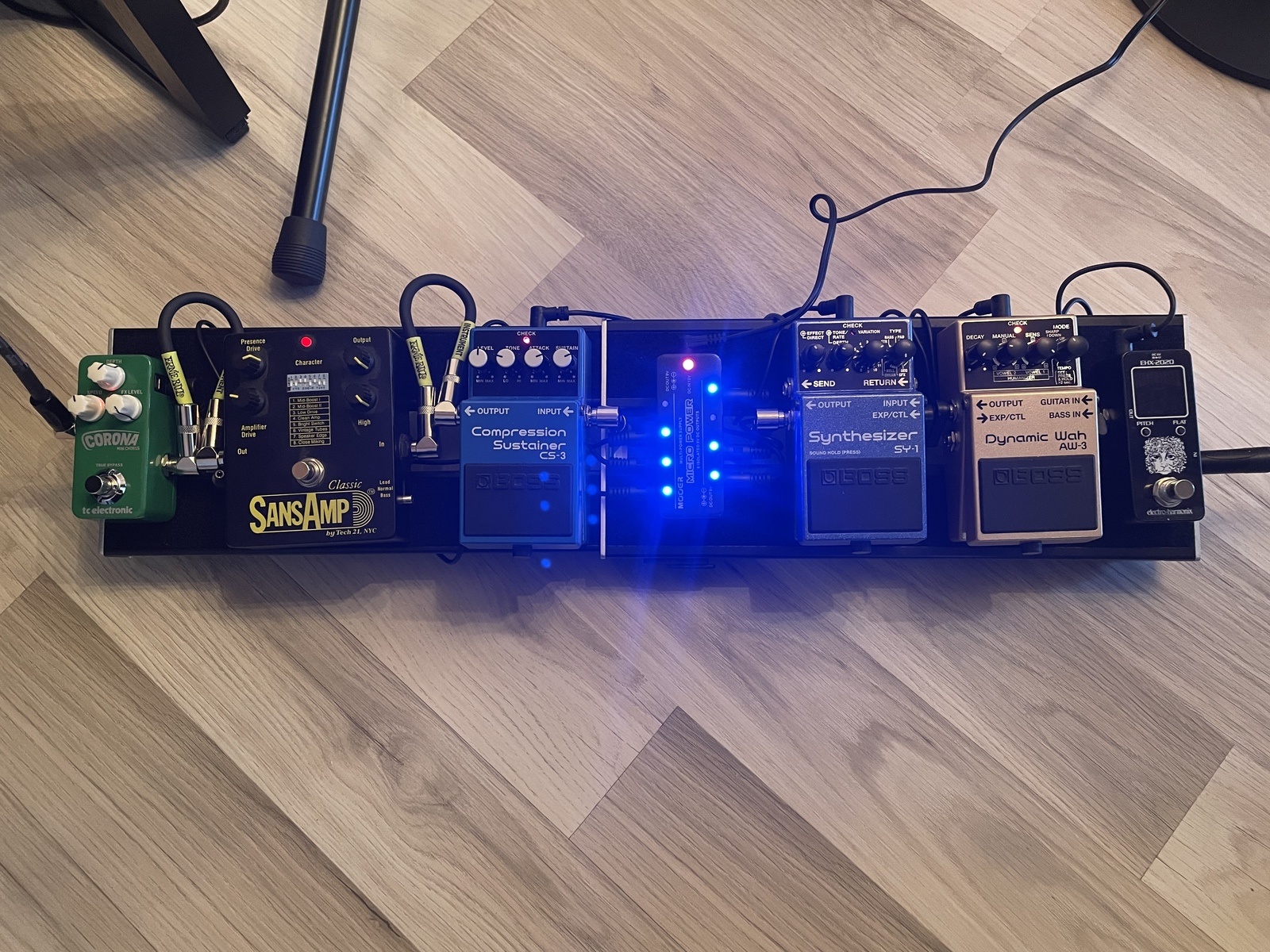 Pedalboard by dlf97 featuring Electro-Harmonix EHX-2020 Tuner Pedal, Boss AW-3 Dynamic Wah, and Boss CS-3 Compression Sustainer and 6 more pieces of gear