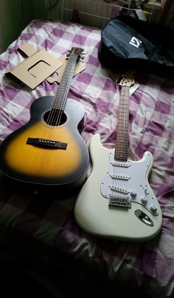 Squier Music Gear Setup by chapersdale featuring Fender CP-100 Parlor and Squier Bullet Stratocaster SSS