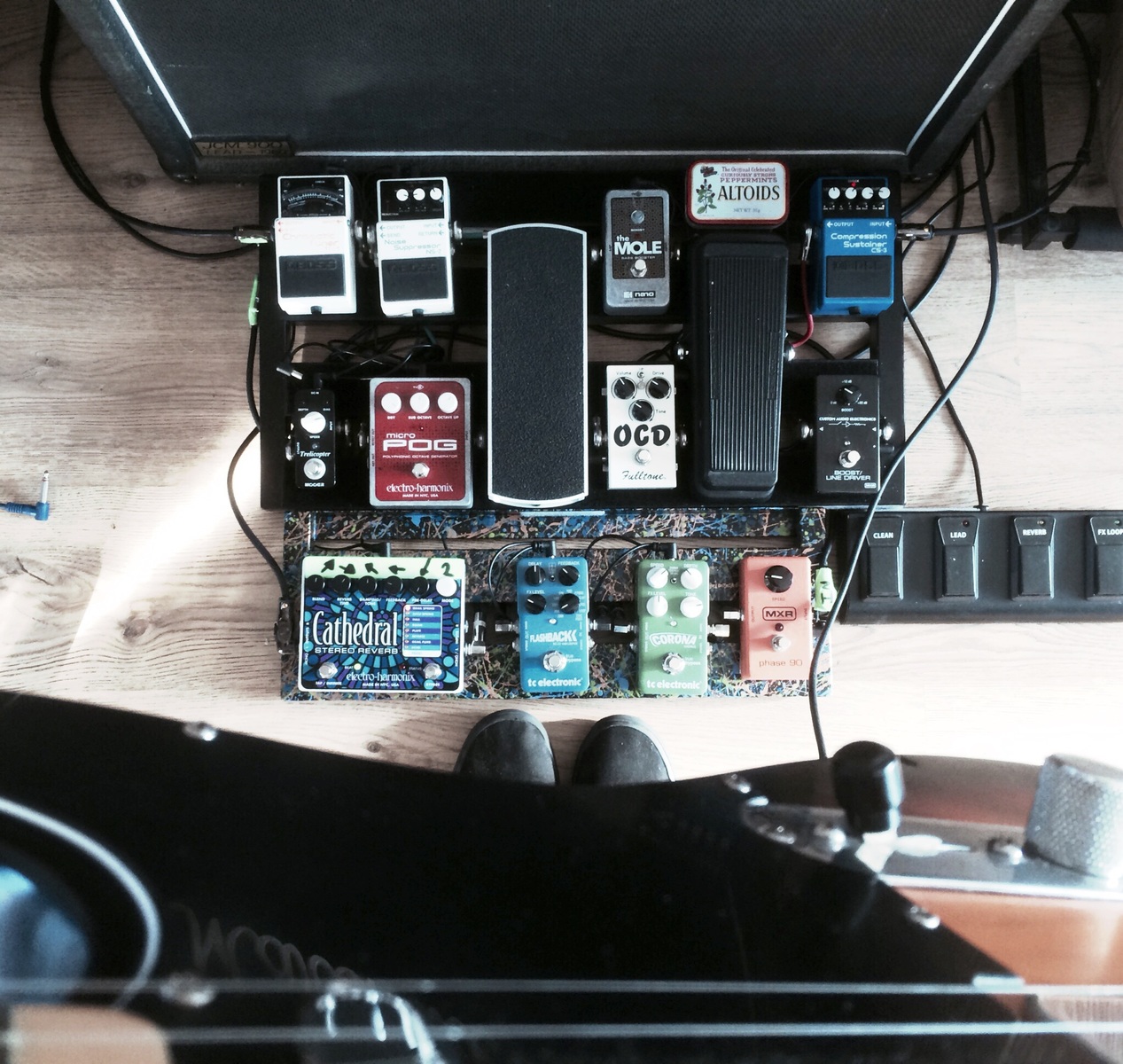 Pedalboard by guswright featuring Fulltone OCD, Electro-Harmonix Micro POG Polyphonic Octave Generator, and MXR M101 Phase 90 and 3 more pieces of gear