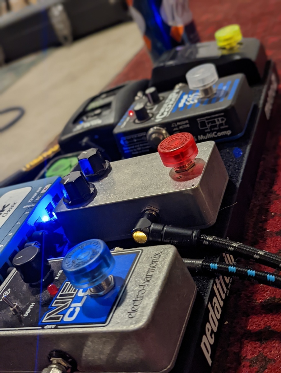 Pedalboard by holysquid featuring Electro-Harmonix Neo Clone Chorus, EBS MultiComp True Dual Band Compressor Pedal, and Korg PB-1 Pitchblack and 4 more pieces of gear